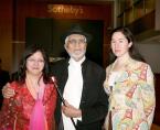 From left - Rakhi Sarkar, managing trustee of KMOMA; Indian artist M.F. Husain; and Zara Porter Hill, head of the Indian and Southeast Asian Art department at Sotheby`s